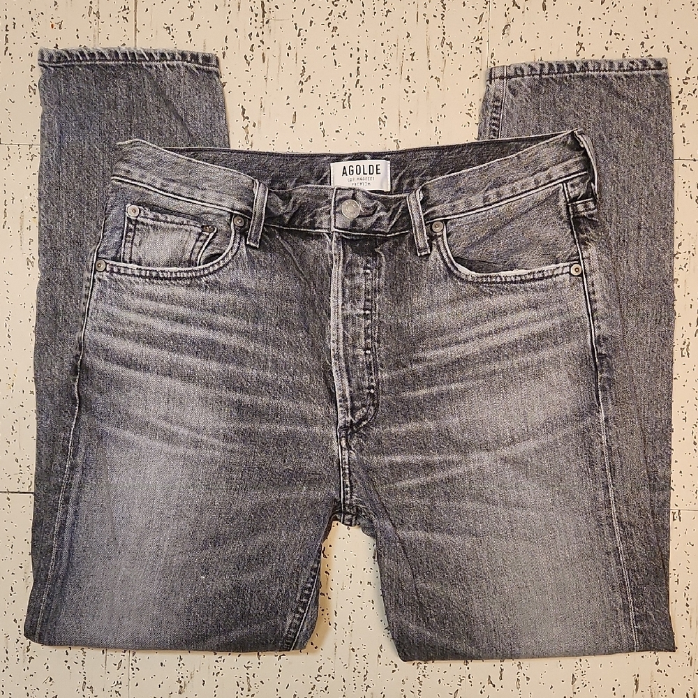 Agolde Los Angeles Grey Light Fade Straight Tapered Fit Denim Jeans